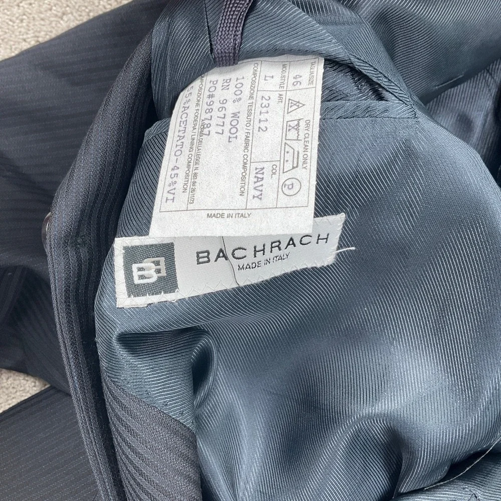 Bachrach Suit Men 46L 38W 33 Navy Blue Pinstripe Wool Career Classic Italian VTG